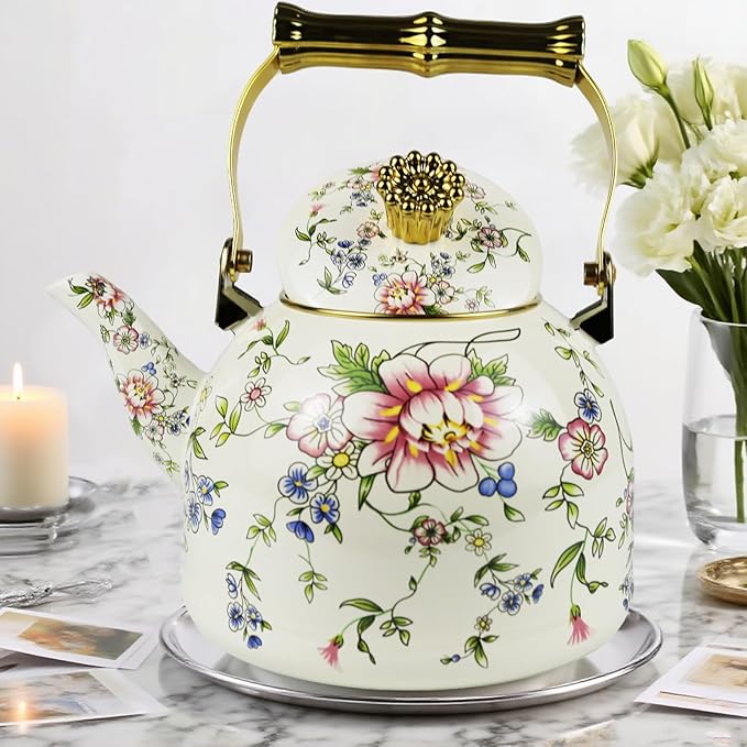 Vintage Enamel Tea Kettle, Rose Floral Pattern Stovetop Teapot with Gold Handle, 2.5L Enamel Kettle Kitchen Decor, Ideal Gift for Housewarming Camping Coffee Pot