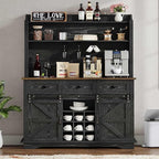 63 Inch Tall Coffee Bar Cabinet with 3-Tier, Kitchen Hutch with 3 Large Drawers, Farmhouse Coffee Bar with 9 Wine Racks & 3 Glass Holders, Wine Storage Cabinet for Living Dining Room, Black