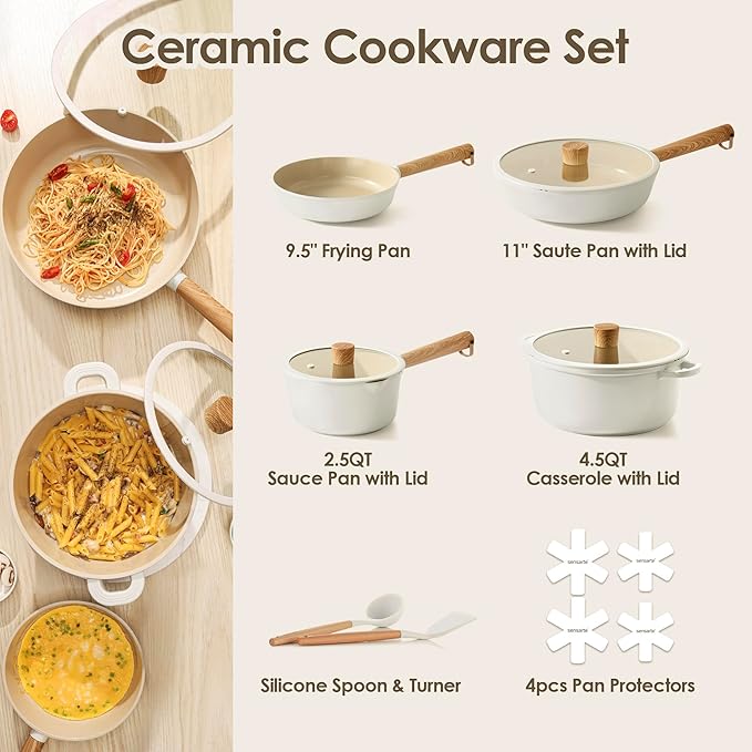 SENSARTE 14Pcs Ceramic Nonstick Cookware Set, Non-toxic Healthy Pots and Pans Set Ceramic Kitchen Frying Pans Set with Stay-cool Handle, PFAS/PTFE/PFOA Free, Dishwasher Safe, Induction Compatible