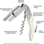 WineOp Professional Wine Opener Luxury Double Hinged Waiter's Corkscrew Wine Bottle Key - Cork screwer for Servers, Bartenders, Sommelier and Home Use | All-In-One Stainless Steel (White Resin)