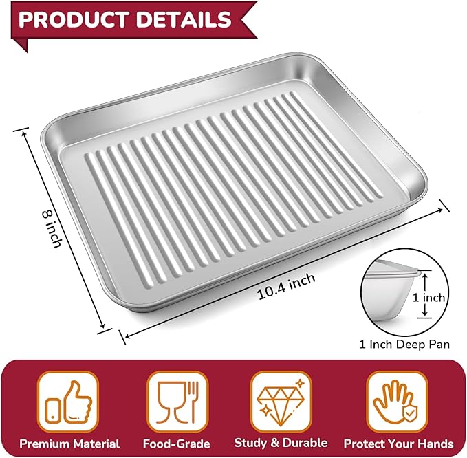 P&P CHEF 10.4 x 8 x 1 Inch Mini Toaster Oven Pan, Stainless Steel Small Baking Pan Oven Tray for Cooking & Roasting, Corrugated Bottom, Healthy & Sturdy, Dishwasher Safe - 2Pcs
