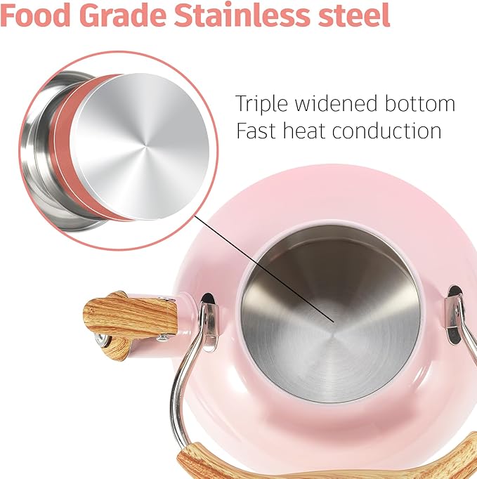 Tea Kettle,Whistling Tea Kettle Stovetop 2.6 Quart, Tea Pots for Stove Top Food Grade Stainless Steel,Wood Pattern Handle(Pink),With Anti Scald Towel