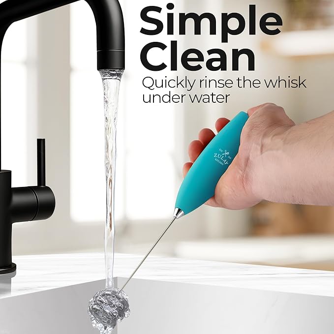 Zulay Kitchen Patented Tornado Triple Whisk Milk Frother with 4 Duracell Batteries – Handheld Foam Maker for Coffee, Lattes, Matcha & Hot Chocolate – Rich, Creamy Froth in Seconds - Teal Blue