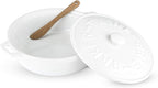 Twine Ceramic Brie Baker with Acacia Wood Spreader, Brie Baking Dish with Lid, Brie Cheese Baking Dish, Ceramic Bakeware, White, Set of 1