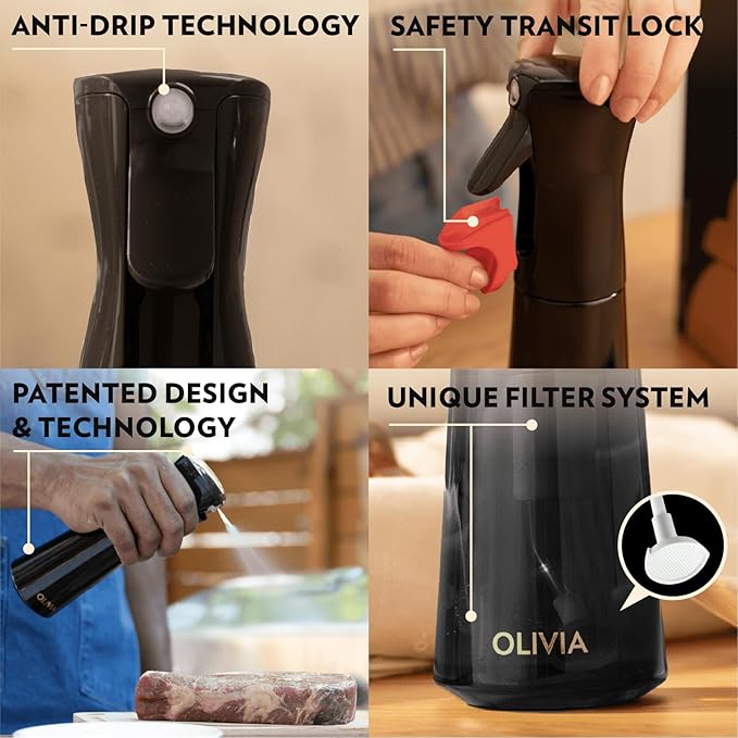 FLAIROSOL OLIVIA SIGNATURE Advanced Kitchen Oil Sprayer Technology, Fine Mist & Portion Control, Refillable Glass Cooking Spray Bottle, Anti-Drip & Leakproof, Air Fryer, Salad, BBQ, 200ml (Black)