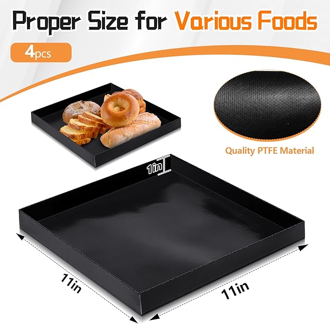 Teenyyou 4 Pcs 11 x 11 x 1 Inch Non-stick Ptfe Oven Trays Reusable Solid Baking Basket Easy Clean Heat Resistant Black Quick Oven Accessories for Heating Chips Chicken Snacks in Restaurant Kitchens