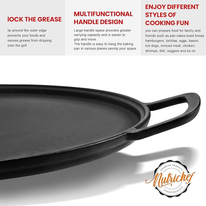 GGC Cast Iron Pizza Pan for Baking, 14" Round Griddle Pans Make Different Dishes for Stove, Oven, Grill and Campfire, Heavy-duty and Evenly Heat Pizza Stone for Pizza Tortillas, Eggs, Bacon and Meat