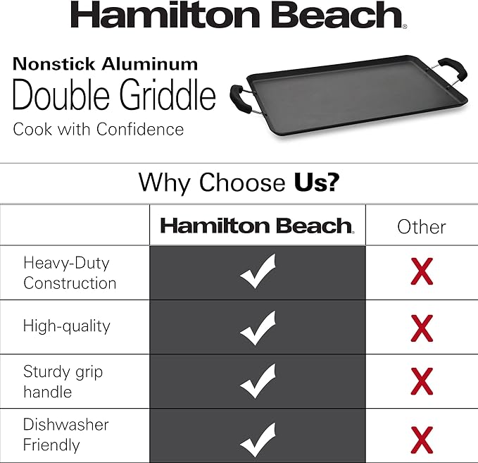 Hamilton Beach Nonstick Double Griddle 19x11-Inch - Black Aluminum Griddle with Soft Touch Bakelite Handle - Flared Edge - Spiral Bottom, Easy to Clean, Multipurpose Use - Durable & Dishwasher Safe