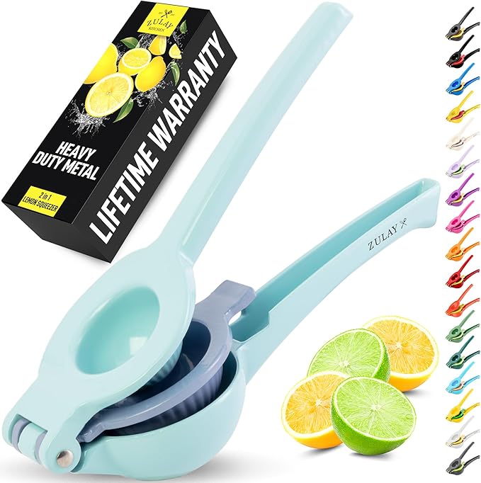 Zulay Kitchen Metal 2-in-1 Lemon Squeezer - Sturdy Max Extraction Hand Juicer Lemon Squeezer Gets Every Last Drop - Easy to Clean Manual Citrus Juicer - Easy-Use Lemon Juicer Squeezer - Blue/Purple
