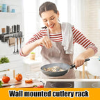 Utensil Holder – Kitchen Wall Organizer | No-Drilling Wall Mount Cutlery Storage Rack With Hooks, Towel Hanger For Spatula, Spoon, Mug & Kitchen Accessories Organization And Space Saving