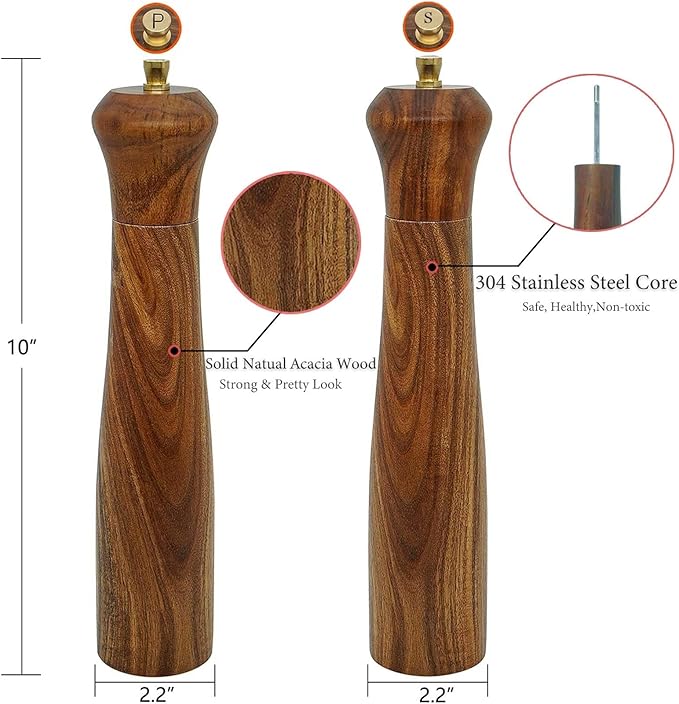 Wooden Salt and Pepper Grinder Set,Manual Salt and Pepper Mill,Acacia wood Salt Grinder Refillable,Pepper Mill with Adjustable Coarseness,Salt and Pepper Shakers Tableware Gifts 10" 2PCS