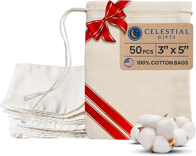 Celestial Gifts Muslin Bags - Drawstring - Small 50pcs - 3x5, Reusable Tea Bags, Jewelry Gift, Spice and Cotton Gift Sachet - 100% Cotton - Made in USA - (Natural Hem & Drawstring)