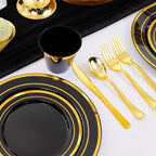 WELLIFE 450 PCS Black and Gold Disposable Dinnerware Set for 75 Guests, Plastic Plates for Party, Gold rimmed Dinner Salad Plates,Cups,Silverware Set for Halloween Party and Celebration