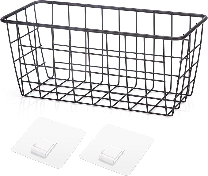 Hanging Kitchen Baskets Adhesive Sturdy Wire Storage Baskets with Kitchen Food Pantry Bathroom Shelf Storage No Drilling Wall Mounted,Black,4 Pack