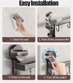 Wall Mounted Utensil Hook Rack with 8 Hooks, No Drill Installation, Space Gray Finish, Kitchen Organizer for Coats, Bags, and Accessories，Suction Cup Storage (1Pack)