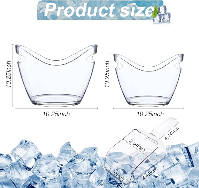 Mwellewm Beverage Tubs for Parties Plastic Ice Bucket for Cocktail Bar Clear Acrylic Wine Bucket with Scoops Drink Bucket Cooler for Chiller Bin for Champagne or Beer (8 L, 4 L)