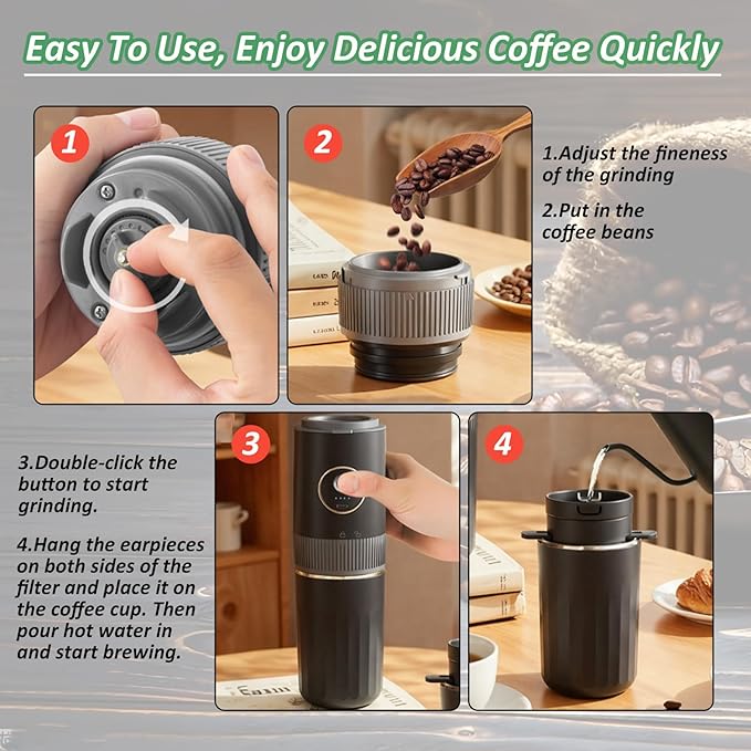 Portable Electric Coffee Grinder and Brewing Kit, Rechargeable, Conical Burr Coffee Grinder with Filter, 32g Capacity & 320 ml Coffee Cup for Camping, Travel, Office, Espresso, Pour Over, etc (Black)