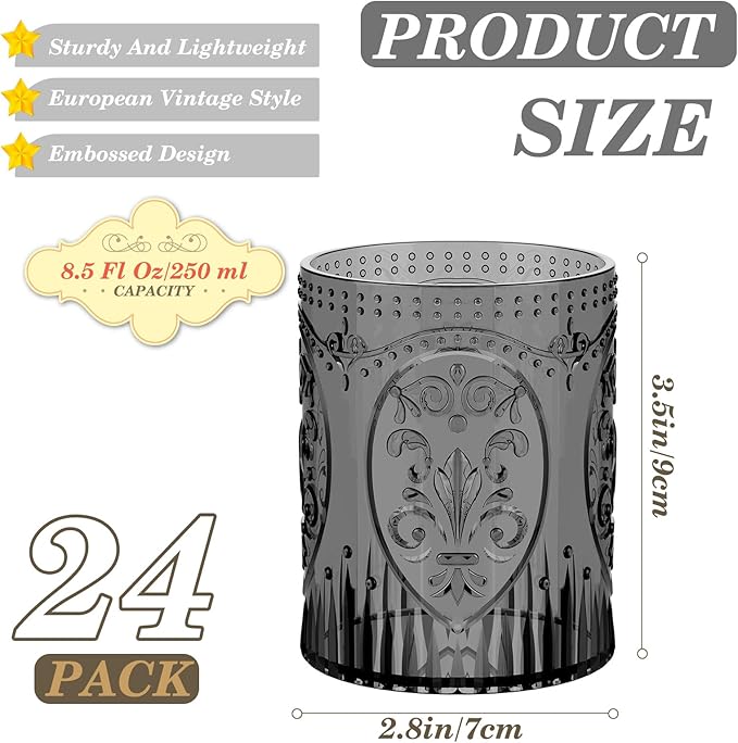 Qinyoung 24 Plastic Vintage Drinking Glasses 8.5oz Stemless Retro Embossed Wine Glasses Shatterproof Reusable Cups for Baby Shower Wedding Reception Grand Event Party (Black)