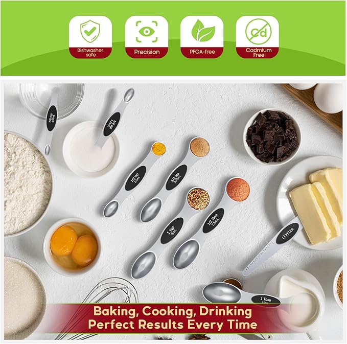 Magnetic Measuring Spoons Set with Strong N45 Magnets, Heavy Duty Stainless Steel Metal, Fits in Most Kitchen Spice Jars for Baking & Cooking, BPA Free, Multicolor, Set of 8 with Leveler（Black)