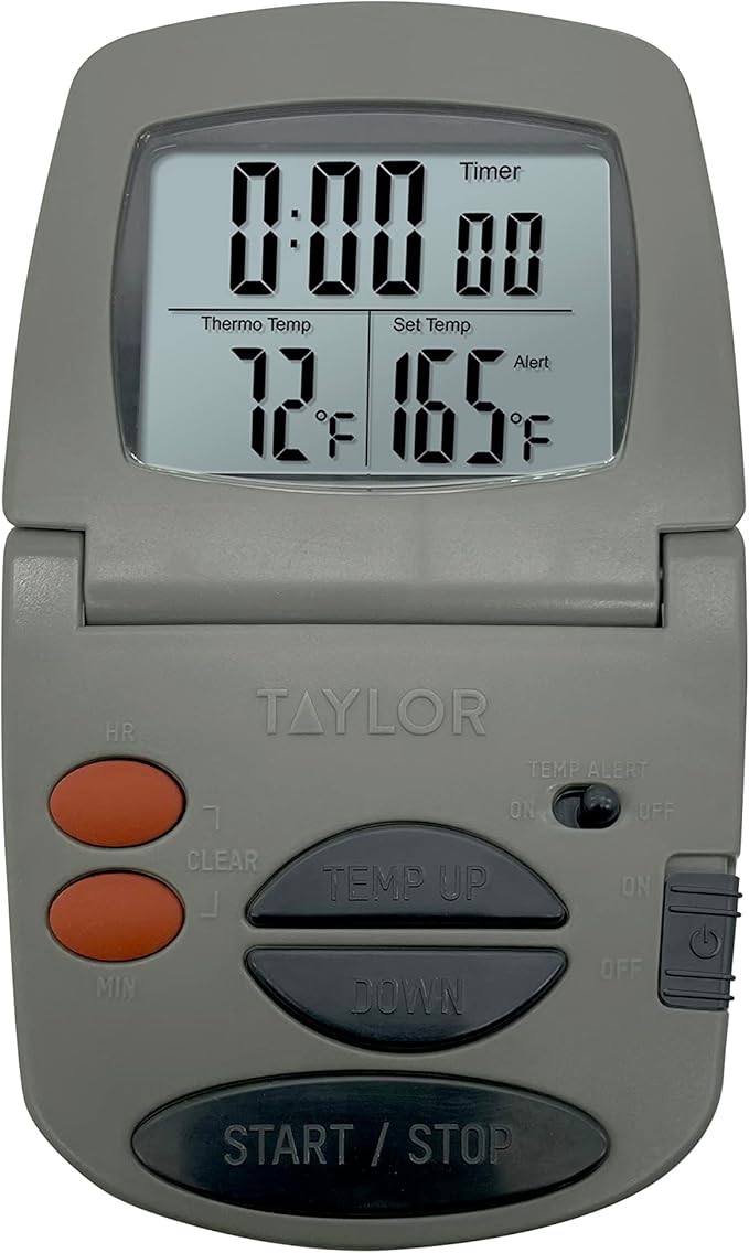 Taylor Programmable with Timer Instant Read Wired Probe Digital, Meat, Food, Grill BBQ Cooking Kitchen Thermometer with Timer, Gray