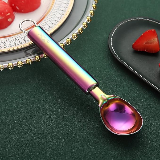 Rainbow Ice Cream Scoop, Berglander Stainless Steel Cookie Scoop Melon Baller Scooper Cones With Titanium Colorful Plating, Specialty Tools and Gadgets, Ice Cream Spoon Food Scoop Dishwasher Safe