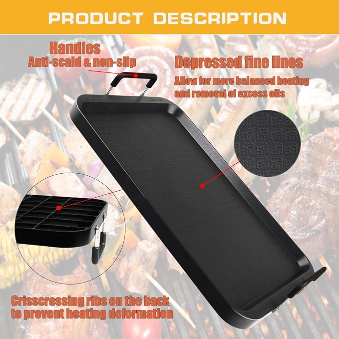 Non-Stick Aluminum Stove Top Flat Griddle, Warp-Resistant Double Burner Griddle Pan for Glass and Gas Stove, Great for Breakfast and Camping Indoor or Outdoor Size 17" x 10.5"