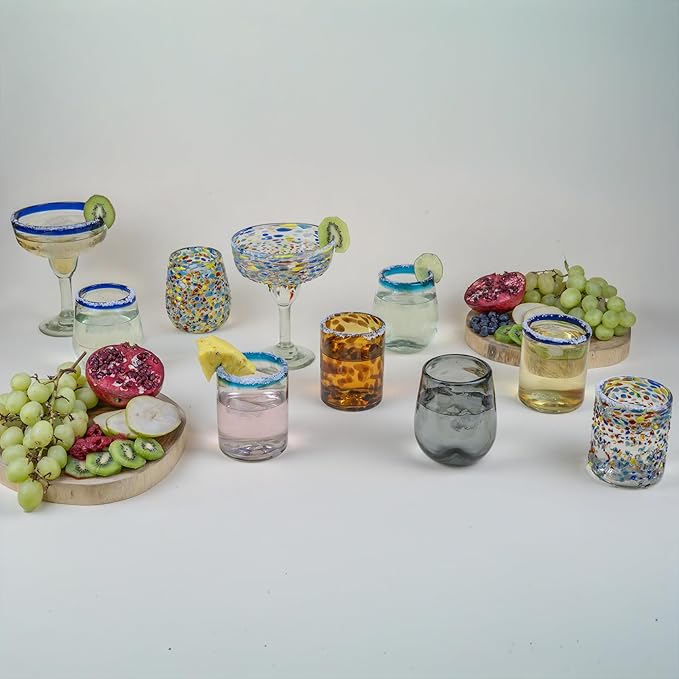 Confetti Dots Hand Blown Tumbler Glasses - 100% Recycled Mexican Glassware - Artisan Crafted Drinking Glasses for Cocktails, Wine, Tequila, or Water - Set of 6 (10 oz)