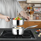 SLOTTET 3.5 Quart Stainless Steel Saucepan with Steamer, Tri-Ply Full Body Small Multipurpose Pot with Pour Spout,Strainer Glass Lid, 3 Qt Sauce Pan for Cooking with Stay-cool Handle.