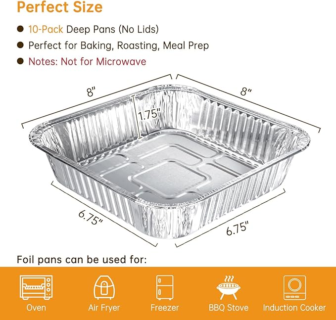 Aluminum Pans 8x8-10 Pack Disposable Foil Pans, Aluminum Roasting Trays for Holiday Cooking, Christmas, Parties Meal Prep, Storage, Heating and Baking