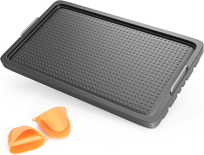 SafBbcue Upgraded Cast Iron Griddle, 15 x 8.7 Inch Griddle Pan with Silicone Cooling Handle, Griddle for Gas Stove, Electric, Flat Top, Portable for Indoor Stovetop or Outdoor Camping BBQ, Black