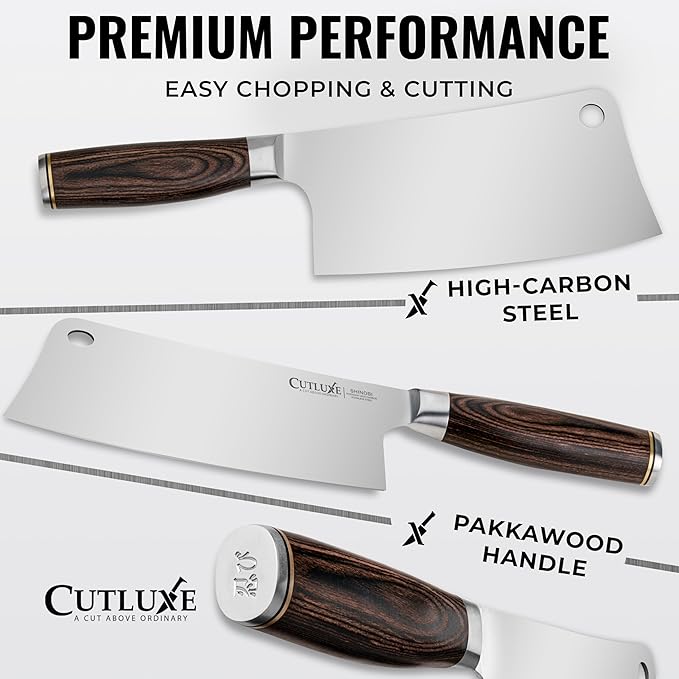 Cutluxe Meat Cleaver Knife – Ultra Sharp 7" Meat Cleaver, Butcher Knife, High Carbon Stainless Steel Blade, Full Tang Pakkawood Handle – Shinobi Series