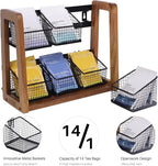 HTB 2 Tier Tea Organizer for Tea Bags, Tea Bag Holder with Acacia Wood Stand and 6 Removable Metal Basket for Sugar Packets, Sweeteners, Creamers for Cabinet, Countertop or Wall-mounted