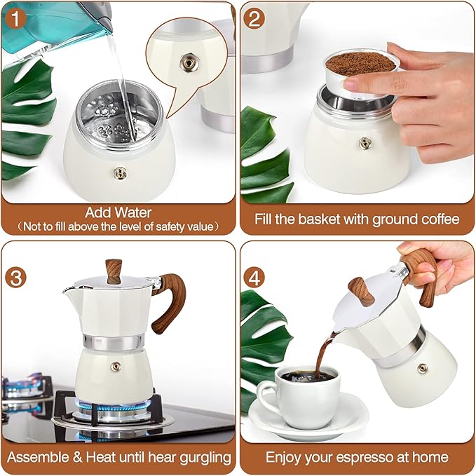 MORDEN MS Moka Pot, Stovetop Espresso Maker 6 Cup/10 OZ Italian Coffee Maker Camping Coffee Pot Manual Cuban Coffee Percolator for Cappuccino or Latte- White