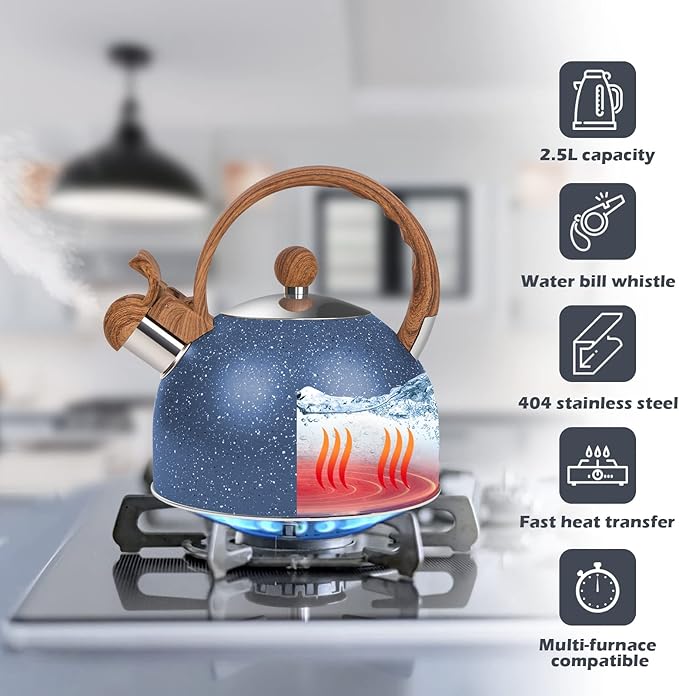 Whistling Tea Kettle for Stovetop, 2.6 Quart Stainless Steel Water Teapot Boilers for Stovetops, Induction Stone Kettle with Loud Whistle - Perfect for Preparing Hot Water, Coffee,Milk (Blue)