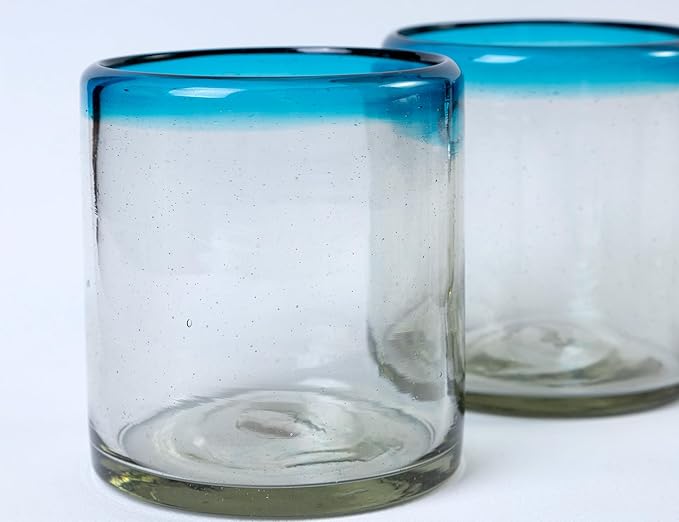 7 oz Hand Blown Mexican Drinking Glasses - Set of 2, 7 fl oz each, Aqua Rim