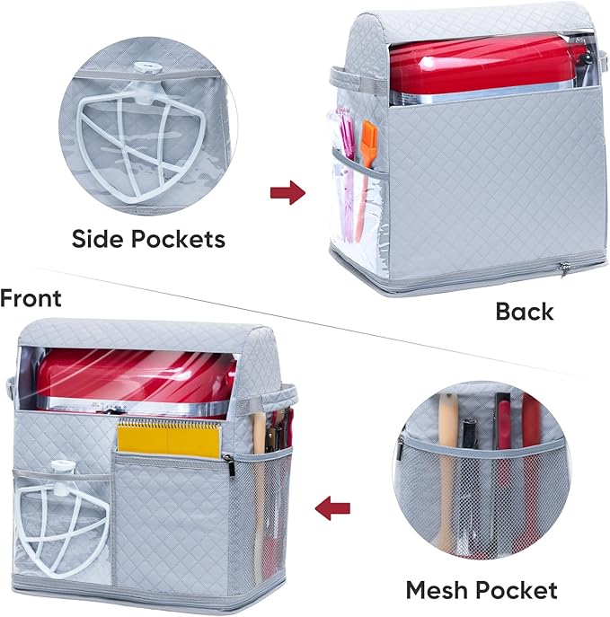 BAGSPRITE Stand Mixer Cover with Detachable Appliance Sliders Base Compatible with KitchenAid Mixer-Storage Bag for 4.5/5 Quart with Pockets for Kitchen Aid Accessories and Attachments