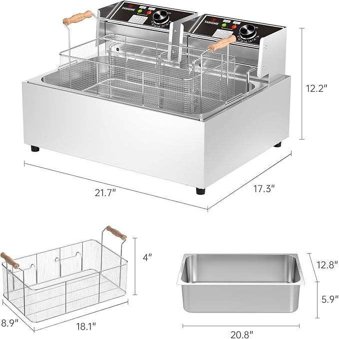 TANGME Commercial Deep Fryer, 3400w Electric Countertop Fryer with 3 Baskets, 22L/23.25Qt 1mm Thickened Stainless Steel Oil Fryer with Temperature Limiter for Restaurant, UL Certified