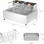 TANGME Commercial Deep Fryer, 3400w Electric Countertop Fryer with 3 Baskets, 22L/23.25Qt 1mm Thickened Stainless Steel Oil Fryer with Temperature Limiter for Restaurant, UL Certified