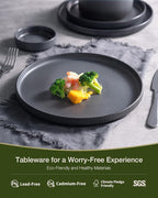 Famiware Star Dinnerware Set with Pasta Bowls, Service for 6 (24 Pieces), Ribbed Stoneware Plates and Double Bowls Sets - Chip & Scratch Resistant, Microwave & Dishwasher Safe, Matte Dark Charcoal