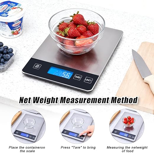 Food Kitchen Scale, 33lb Food Scale Precisely Measures Grams and Ounces for Baking and Cooking, 304 Stainless Steel Kitchen Scale for Food with LCD Display, Batteries Included