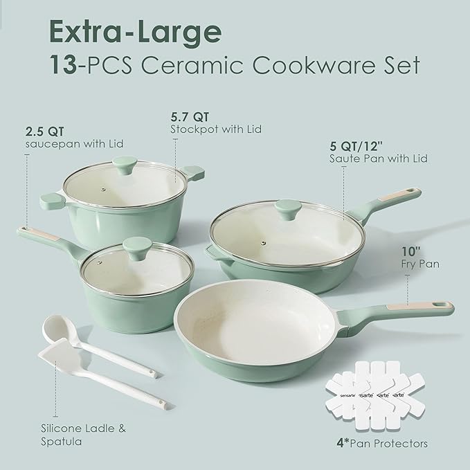 SENSARTE Nonstick Ceramic Cookware Set Large 13-Piece, Healthy Pots and Pans Set Dishwasher Safe, Non-toxic Kitchen Cooking Set with Stay-Cool Handles, Induction Compatible, PFAS Free, Green