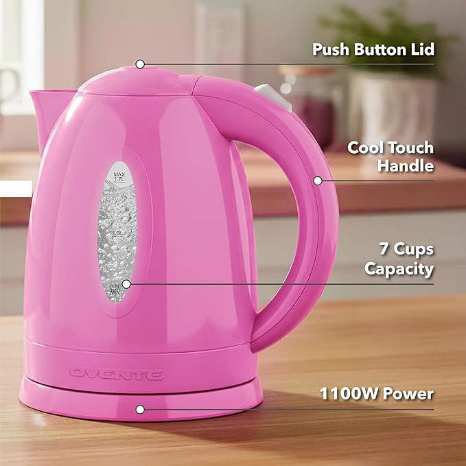 OVENTE Electric Kettle, 1.7L Fast Boiling Water Heater for Coffee or Tea, BPA Free with Water Level Gauge, Auto Shut-Off, Boil-Dry Protection, Indicator Light and Removable Filter, Pink KP72P