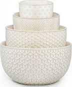 Ceramic Mixing Bowls, Embossed Nesting Bowls Set of 4, Mixing Bowl Set for Serving, Baking, Cooking and Gift, Microwave and Dishwasher Safe, 20/47/99/148 oz, Off-White