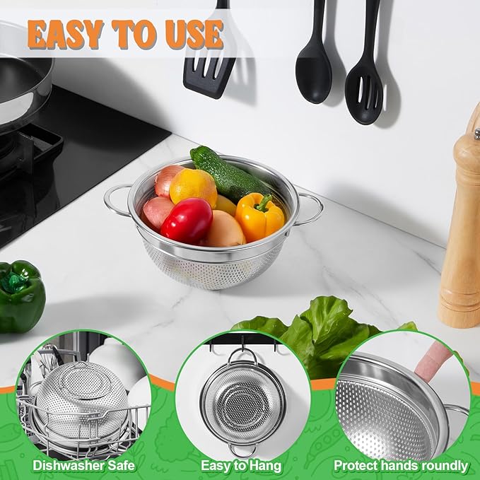 P&P CHEF Colander Strainer Stainless Steel 3 Quart, Metal Micro-Perforated Colander for Kitchen Food, Ideal for Rinsing Washing Draining, Dishwasher Safe, Shiny Silver, 2PCS