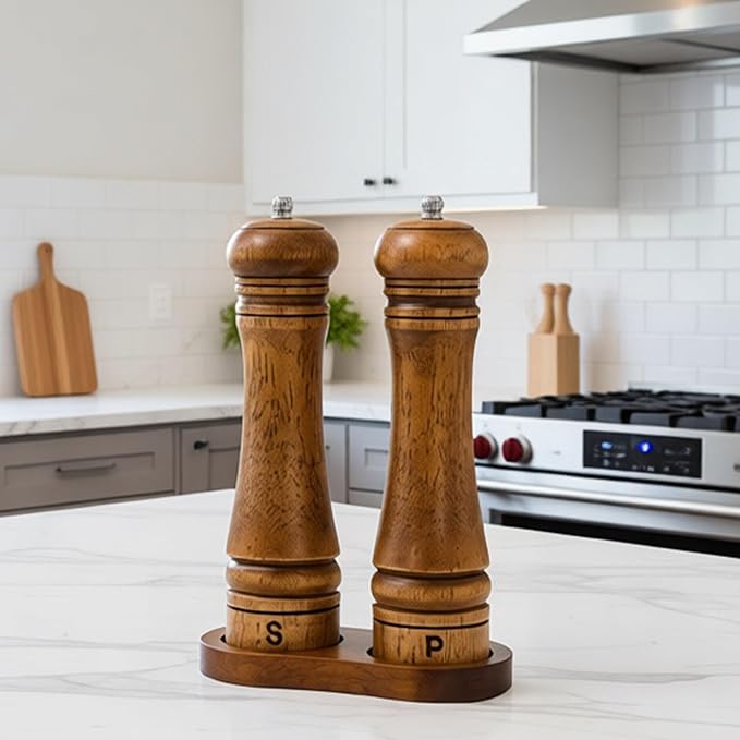 Wooden Salt and Pepper Grinder Set, Premium Oak Wood Salt Grinders Shakers, Pepper Mill with S and P Engraving, Adjustable Ceramic Grinder (8″ - 2 Packs with Tray)