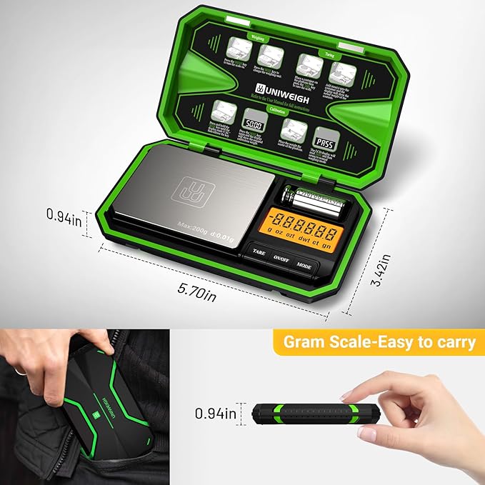 UNIWEIGH Digital Pocket Scale 200g/0.01g, Digital Scale Grams, Jewelry Scale,Coins Scale with 50g Cal Weights for Powder,Small Items,Tea,Jewelry,Coins (Battery Included)-Fluorescent Green