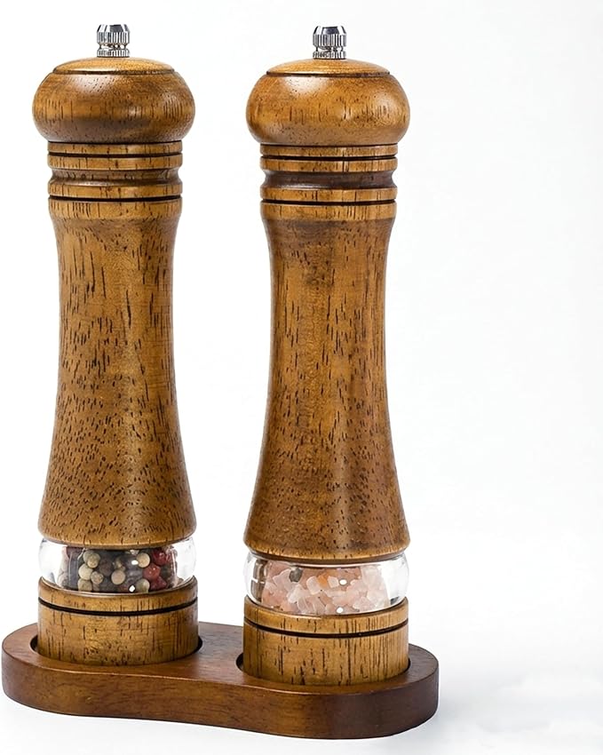 Wooden Salt and Pepper Grinder Set, Premium Oak Wood Salt Grinders Shakers, Pepper Mill with Acrylic Clear Window, Adjustable Ceramic Grinder (8″ - 2 Packs with Tray)
