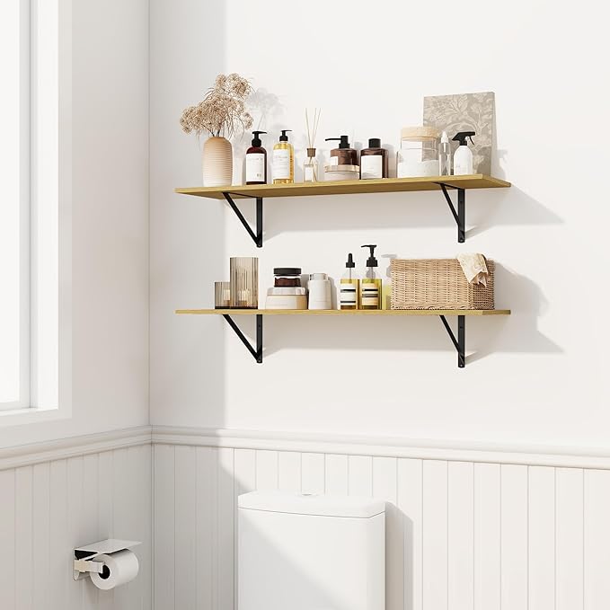 Fun Memories Deep Floating Shelves for Wall, 36W x 8D Wall Mounted Shelves Set of 2, Wide Display Ledge Shelf with Sturdy Metal Brackets for Living Room, Bathroom, Bedroom and Kitchen, Oak