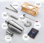 Modern Mixology Cocktail Shaker Set - Bartender Kit with Pine Stand | Leak-Proof Design | Includes Martini Shaker, Jigger, Strainer, Spoon, Tongs | Perfect Bar Tools Gift for Home Mixology (Silver)