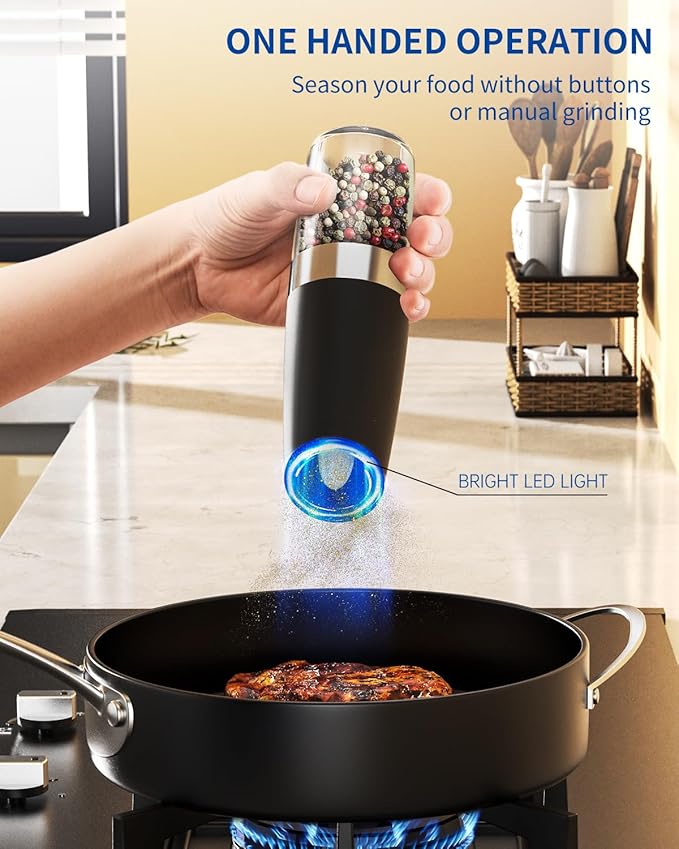 CIRCLE JOY Gravity Electric Salt and Pepper Grinder Set Automatic Salt and Pepper Grinder Set with LED Light, Battery Operated, Adjustable Coarseness, Large Capacity, for Home Kitchen BBQ, Black